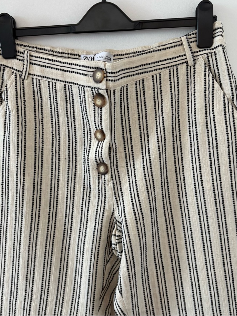 Zara Embroidered Striped Rustic Cotton & Linen Tapered Cropped Pants Size L NWT‎ - Picture 3 of 11